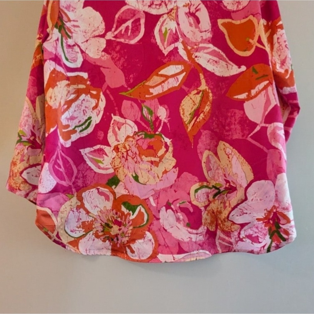 Natori Floral Boho Coastal Elegant V-Neck Blouse Pink Orange Watercolor Bloom - Picture 6 of 16